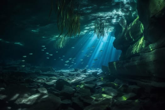 Experience the remarkable beauty of an underwater cave during a peaceful time with an abundance of bioluminescent organisms lighting the way. A school of fish swimming by in this peaceful scene, captured in photorealistic quality with sharp focus and high quality. (generative AI)