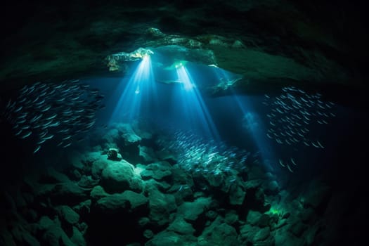Experience the remarkable beauty of an underwater cave during a peaceful time with an abundance of bioluminescent organisms lighting the way. A school of fish swimming by in this peaceful scene, captured in photorealistic quality with sharp focus and high quality. (generative AI)