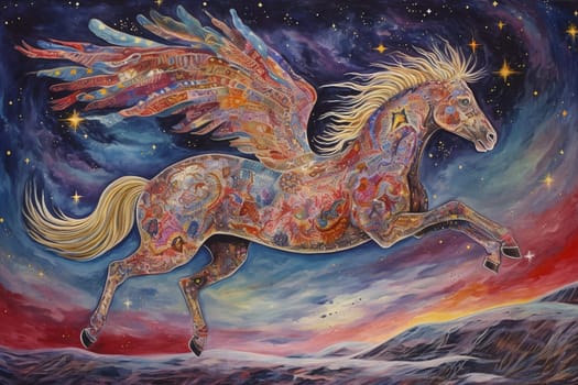 The Pegasus, a winged horse of legend, can be seen soaring through a surreal galaxy, with stars and planets shining all around. The dreamy and cosmic atmosphere of the scene creates a mesmerizing and alluring setting, while the elegant and vibrant visuals of the Pegasus adds a sense of power and grace. (generative AI)