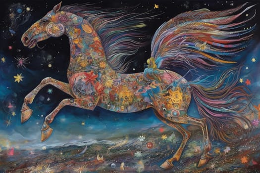 The Pegasus, a winged horse of legend, can be seen soaring through a surreal galaxy, with stars and planets shining all around. The dreamy and cosmic atmosphere of the scene creates a mesmerizing and alluring setting, while the elegant and vibrant visuals of the Pegasus adds a sense of power and grace. (generative AI)