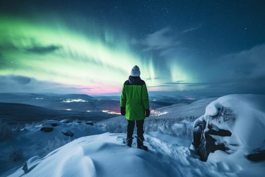 A person stands on a snowy mountain, admiring the spectacular display of the northern lights in the sky. The scene is surreal and magical, with the bright and colorful lights dancing above. This scene can evoke feelings of wonder and amazement at the beauty of nature. (generative AI)