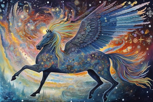 The Pegasus, a winged horse of legend, can be seen soaring through a surreal galaxy, with stars and planets shining all around. The dreamy and cosmic atmosphere of the scene creates a mesmerizing and alluring setting, while the elegant and vibrant visuals of the Pegasus adds a sense of power and grace. (generative AI)