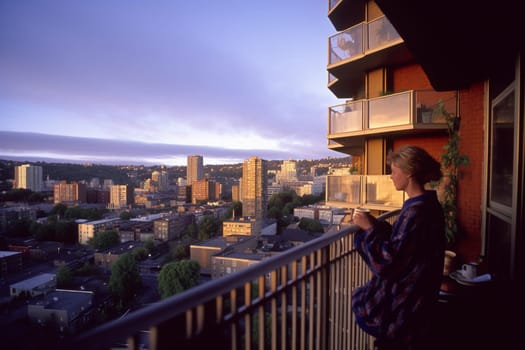 A person sits with a cup of coffee on a balcony overlooking the beautiful and bright skyline of a city. The cozy and warm atmosphere is made comfortable by the natural light falling on the scene. The view is breathtaking and evokes peacefulness and relaxation in the observer's mind. (generative AI)