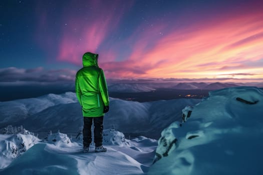 A person stands on a snowy mountain, admiring the spectacular display of the northern lights in the sky. The scene is surreal and magical, with the bright and colorful lights dancing above. This scene can evoke feelings of wonder and amazement at the beauty of nature. (generative AI)