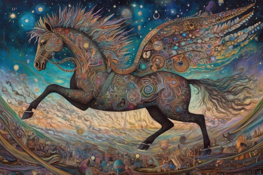 The Pegasus, a winged horse of legend, can be seen soaring through a surreal galaxy, with stars and planets shining all around. The dreamy and cosmic atmosphere of the scene creates a mesmerizing and alluring setting, while the elegant and vibrant visuals of the Pegasus adds a sense of power and grace. (generative AI)