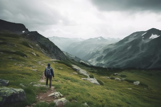 A person hikes alone in the mountains, surrounded by the natural beauty of the landscape. The solitude of the mountains offers a chance for self-discovery and introspection. This scene can evoke feelings of adventure, discovery, and a sense of peace and rejuvenation. (generative AI)
