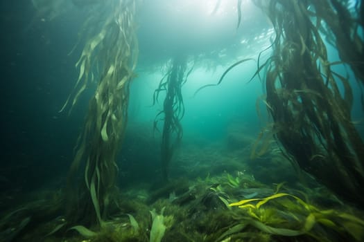 The mysterious beauty of this kelp forest is awe-inspiring, with the swaying fronds creating a hazy, dreamlike atmosphere. The peacefulness of the underwater scene is perfectly captured in this abstract, soft focus photograph. (generative AI)