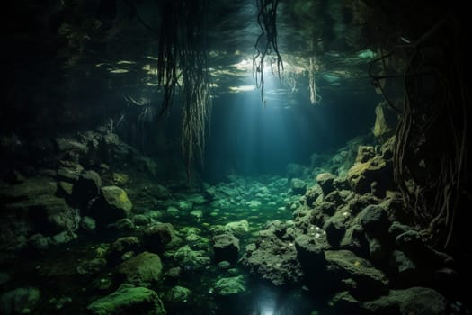 Journey deep beneath the ocean's surface and explore a mysterious underwater cavern shrouded in darkness. The low light creates an eerie atmosphere, while the sharp focus captures every twist and turn of this fascinating landscape. (generative AI)