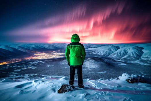A person stands on a snowy mountain, admiring the spectacular display of the northern lights in the sky. The scene is surreal and magical, with the bright and colorful lights dancing above. This scene can evoke feelings of wonder and amazement at the beauty of nature. (generative AI)