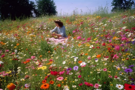 A person is enjoying a delicious picnic in a field of wildflowers, surrounded by vibrant colors, fragrant smells, and the warmth of the sun. The scene is carefree and happy, with the natural light adding to the cheerful mood. Surrounded by the beauty of nature, the mind is free to enjoy the vibrant colors and fragrant smells of the environment, and enter a joyful and free-spirited state. This scene can evoke feelings of joy, happiness, and freedom. (generative AI)