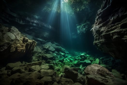 Journey deep beneath the ocean's surface and explore a mysterious underwater cavern shrouded in darkness. The low light creates an eerie atmosphere, while the sharp focus captures every twist and turn of this fascinating landscape. (generative AI)