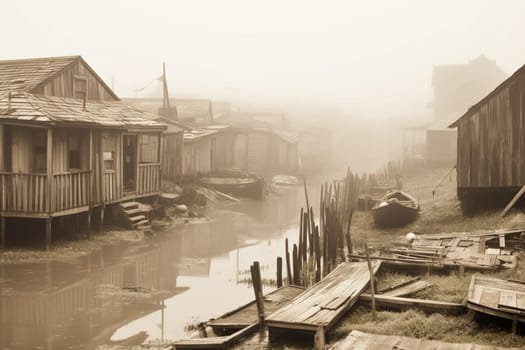This mystical and foggy waterfront landscape is shrouded in mystery and nostalgia. The old, abandoned boathouses and rusted docks add to the vintage atmosphere, while the sepia tones and soft focus create a sense of dreamlike nostalgia. (generative AI)