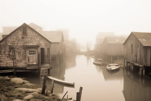 This mystical and foggy waterfront landscape is shrouded in mystery and nostalgia. The old, abandoned boathouses and rusted docks add to the vintage atmosphere, while the sepia tones and soft focus create a sense of dreamlike nostalgia. (generative AI)