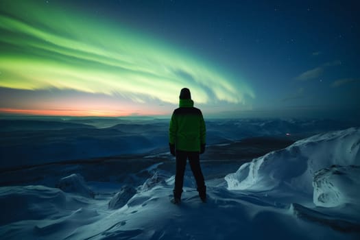 A person stands on a snowy mountain, admiring the spectacular display of the northern lights in the sky. The scene is surreal and magical, with the bright and colorful lights dancing above. This scene can evoke feelings of wonder and amazement at the beauty of nature. (generative AI)