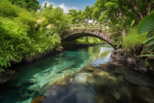 Enjoy the natural beauty of a stunning bridge over a blue lagoon surrounded by lush vegetation. The scene's sharp focus, panoramic perspective, and colorful display make it a must-have for landscape photography enthusiasts. (generative AI)