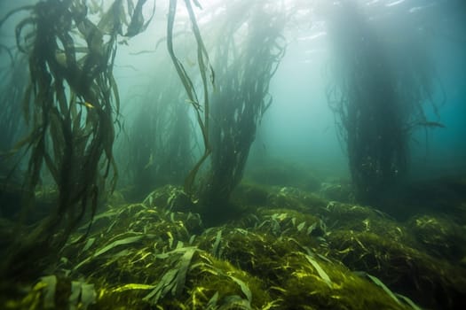 The mysterious beauty of this kelp forest is awe-inspiring, with the swaying fronds creating a hazy, dreamlike atmosphere. The peacefulness of the underwater scene is perfectly captured in this abstract, soft focus photograph. (generative AI)
