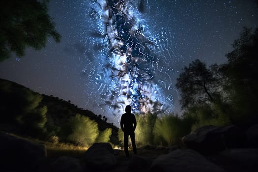 A person gazes up at the wonder of the night sky, contemplating the vastness and mystery of the cosmos. The celestial beauty of the stars and the peaceful surroundings of the outdoors create a sense of awe and introspection. This scene can evoke feelings of wonder, reflection, and a connection to something greater than oneself. (generative AI)