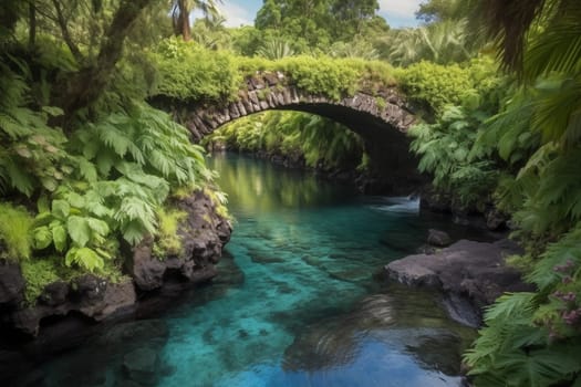Enjoy the natural beauty of a stunning bridge over a blue lagoon surrounded by lush vegetation. The scene's sharp focus, panoramic perspective, and colorful display make it a must-have for landscape photography enthusiasts. (generative AI)