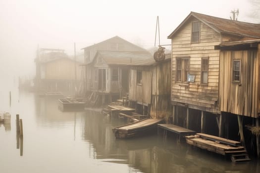 This mystical and foggy waterfront landscape is shrouded in mystery and nostalgia. The old, abandoned boathouses and rusted docks add to the vintage atmosphere, while the sepia tones and soft focus create a sense of dreamlike nostalgia. (generative AI)