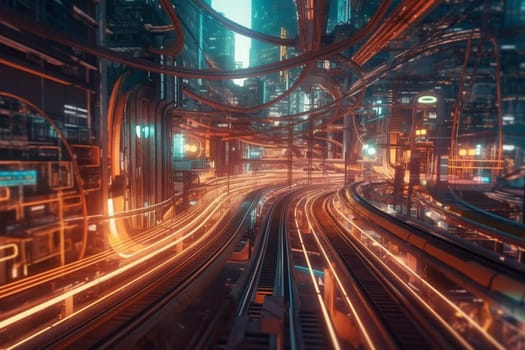 A network of sleek, high-speed hyperloops connect sprawling futuristic cities, revolutionizing transportation in the 21st century. Passengers board the pods and are shot through vacuum-sealed tubes at incredible speeds, arriving at their destinations in just minutes. (generative AI)