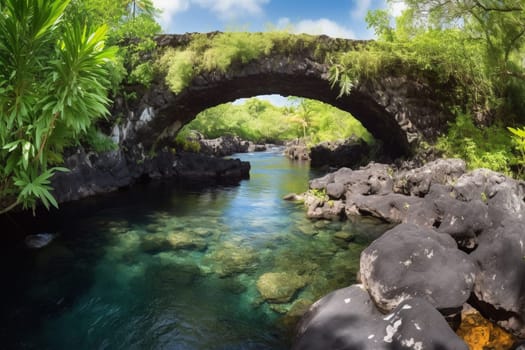 Enjoy the natural beauty of a stunning bridge over a blue lagoon surrounded by lush vegetation. The scene's sharp focus, panoramic perspective, and colorful display make it a must-have for landscape photography enthusiasts. (generative AI)