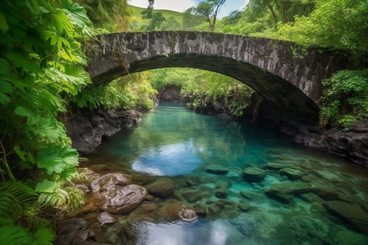 Enjoy the natural beauty of a stunning bridge over a blue lagoon surrounded by lush vegetation. The scene's sharp focus, panoramic perspective, and colorful display make it a must-have for landscape photography enthusiasts. (generative AI)