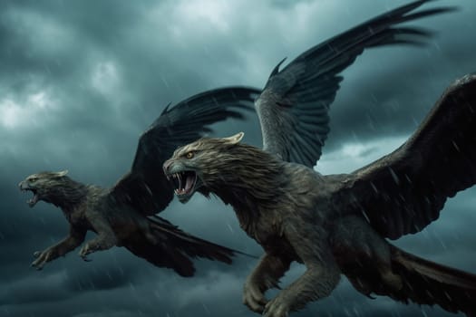Flying griffins are a powerful symbol of freedom and strength, representing the limitless potential of the animal kingdom. In this scene, a pack of griffins is seen flying through a stormy sky, creating a dramatic and mythical ambiance that is both cinematic and sharp. (generative AI)