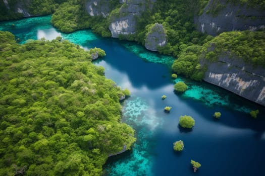 A photographer captures the breathtaking beauty of a tropical lagoon, with crystal-clear turquoise waters surrounded by jagged cliffs and lush vegetation. The scene is idyllic in every way, with the perfect balance of color, texture, and composition. (generative AI)
