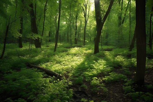 A tranquil oasis in the heart of the forest, this clearing glows with the soft light of the sun filtering down through the leaves. The scene is vertical and cool, with a calming green hue and leafy texture. This scene can evoke feelings of peace, serenity and zen-like calm. (generative AI)
