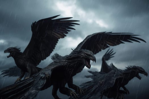 Flying griffins are a powerful symbol of freedom and strength, representing the limitless potential of the animal kingdom. In this scene, a pack of griffins is seen flying through a stormy sky, creating a dramatic and mythical ambiance that is both cinematic and sharp. (generative AI)
