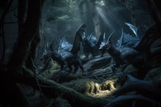Weredragons are mythical creatures that combine the strength and power of a dragon with the cunning and agility of a wolf. In this scene, a pack of weredragons is seen hunting in a dark forest, creating a mysterious and spooky ambiance that is both ethereal and ominous. (generative AI)