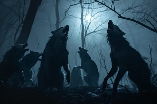 This scene depicts a pack of werewolves howling at the full moon in a dark forest. The moonlight creates a mysterious and eerie atmosphere that adds to the drama of the scene. (generative AI)