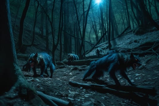 Werewolves are supernatural creatures that can transform from human to wolf-like forms under the light of the full moon. In this scene, a pack of werewolves can be seen hunting in a dark forest at night, creating a mysterious and eerie ambiance. The dark blue and green colors, blurred images, and shadowy figures add to the supernatural feeling of the scene. (generative AI)