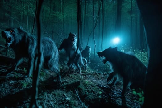 Werewolves are supernatural creatures that can transform from human to wolf-like forms under the light of the full moon. In this scene, a pack of werewolves can be seen hunting in a dark forest at night, creating a mysterious and eerie ambiance. The dark blue and green colors, blurred images, and shadowy figures add to the supernatural feeling of the scene. (generative AI)