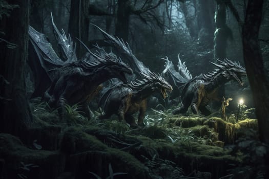 Weredragons are mythical creatures that combine the strength and power of a dragon with the cunning and agility of a wolf. In this scene, a pack of weredragons is seen hunting in a dark forest, creating a mysterious and spooky ambiance that is both ethereal and ominous. (generative AI)