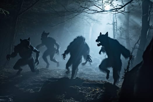 Werewolves are legendary creatures that are half-man, half-wolf. In this scene, a pack of werewolves is spotted running through a moonlit forest, creating a mysterious and moody ambiance that is both dramatic and spooky. (generative AI)