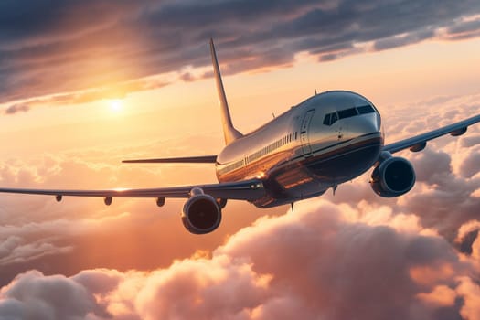 The airliner flies effortlessly through the clouds at sunset, its engines roaring as it takes passengers to their destinations. The warm tones of the sunset create a beautiful contrast with the cool blue tones of the sky, making for a stunning scene in the air. (generative AI)