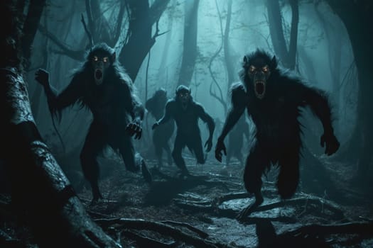 Werewolves are legendary creatures that are half-man, half-wolf. In this scene, a pack of werewolves is spotted running through a moonlit forest, creating a mysterious and moody ambiance that is both dramatic and spooky. (generative AI)