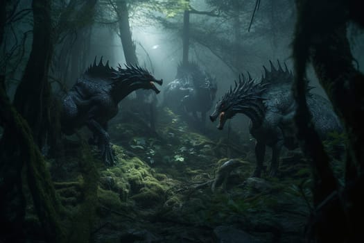 Weredragons are mythical creatures that combine the strength and power of a dragon with the cunning and agility of a wolf. In this scene, a pack of weredragons is seen hunting in a dark forest, creating a mysterious and spooky ambiance that is both ethereal and ominous. (generative AI)