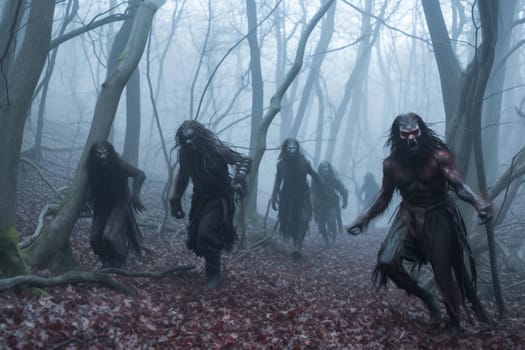 Werewolves are legendary creatures that are half-man, half-wolf. In this scene, a pack of werewolves is spotted running through a moonlit forest, creating a mysterious and moody ambiance that is both dramatic and spooky. (generative AI)