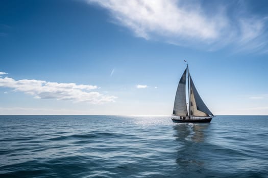 A person enjoys the soothing and liberating atmosphere of sailing on a calm sea, surrounded by the vastness of the open blue sky. The scene is peaceful and tranquil, with the gentle breeze and natural light adding to the refreshing and free-spirited mood. At peace with the natural world, the mind is free to enjoy the beauty of the surroundings and savor the freedom and happiness of the moment. This scene can evoke feelings of liberation, tranquility, and joy. (generative AI)