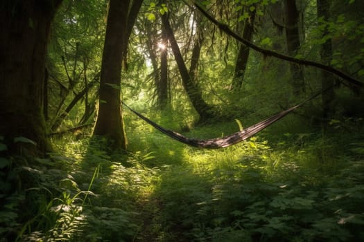 In the middle of a lush forest, there is a tranquil clearing where a hammock is hanging between two trees. The dappled sunlight filters through the trees, casting a warm glow over the peaceful scene. This is a perfect spot to relax, unwind, and feel one with nature. (generative AI)