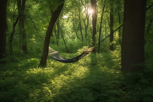In the middle of a lush forest, there is a tranquil clearing where a hammock is hanging between two trees. The dappled sunlight filters through the trees, casting a warm glow over the peaceful scene. This is a perfect spot to relax, unwind, and feel one with nature. (generative AI)