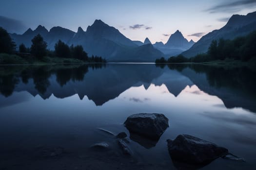 As the sun sets, it bathes the sky in a spectrum of colors, casting a peaceful and mystical light over the serene lake below. The towering mountains surrounding the lake create a breathtaking backdrop, creating a sense of perspective and scale unmatched in other settings. This scene embodies tranquility and serenity, transporting the viewer to a state of inner peace. (generative AI)