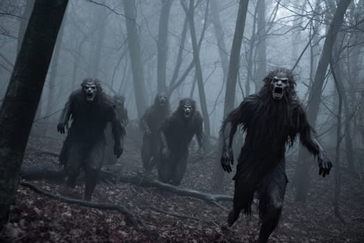Werewolves are mythical creatures that are half human and half wolf, known for their ferocity and strength. In this scene, a pack of werewolves can be seen running through a misty forest during a full moon, creating a haunting and eerie environment that inspires terror and fascination. (generative AI)