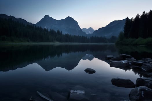 As the sun sets, it bathes the sky in a spectrum of colors, casting a peaceful and mystical light over the serene lake below. The towering mountains surrounding the lake create a breathtaking backdrop, creating a sense of perspective and scale unmatched in other settings. This scene embodies tranquility and serenity, transporting the viewer to a state of inner peace. (generative AI)