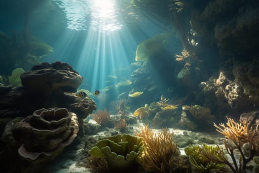 This mystical underwater environment is a surreal and beautiful wonderland, with enormous coral formations and a variety of exotic sea creatures. The photorealistic detail and sharp focus capture the beauty and majesty, making it feel almost magical. (generative AI)