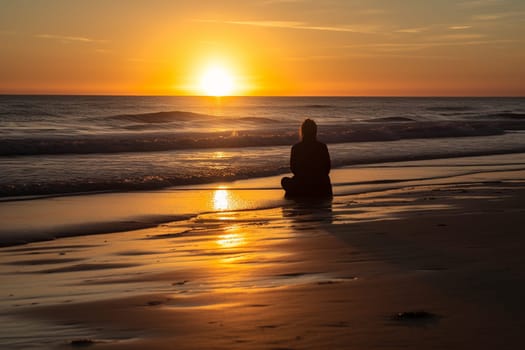 As the sun sets over the ocean, a person sits alone on the beach, gazing out at the horizon. The warm colors of the sunset fill the sky, casting a golden glow over the tranquil scene. This setting can evoke feelings of peace, meditation, and reflection. (generative AI)