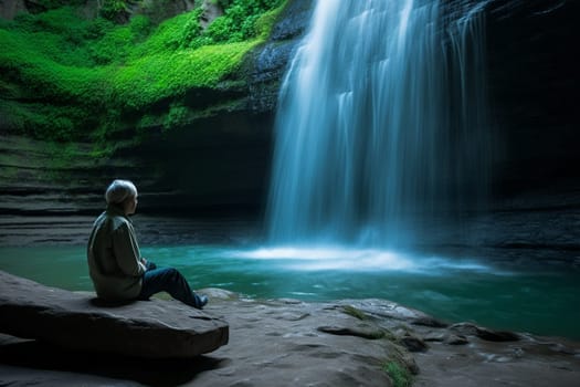 A person sits by a serene waterfall, the sound of the rushing water filling their ears. The natural and refreshing atmosphere induces a sense of relaxation and peace, with the surroundings providing a healing and calming ambiance. This scene is perfect for those looking to explore their inner thoughts or simply enjoy the beauty of nature. (generative AI)
