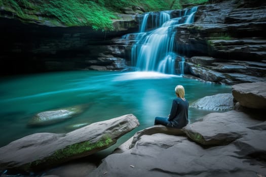 A person sits by a serene waterfall, the sound of the rushing water filling their ears. The natural and refreshing atmosphere induces a sense of relaxation and peace, with the surroundings providing a healing and calming ambiance. This scene is perfect for those looking to explore their inner thoughts or simply enjoy the beauty of nature. (generative AI)